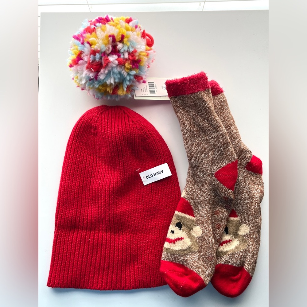 Old Navy Red Beanie and Santa monkey Socks Set